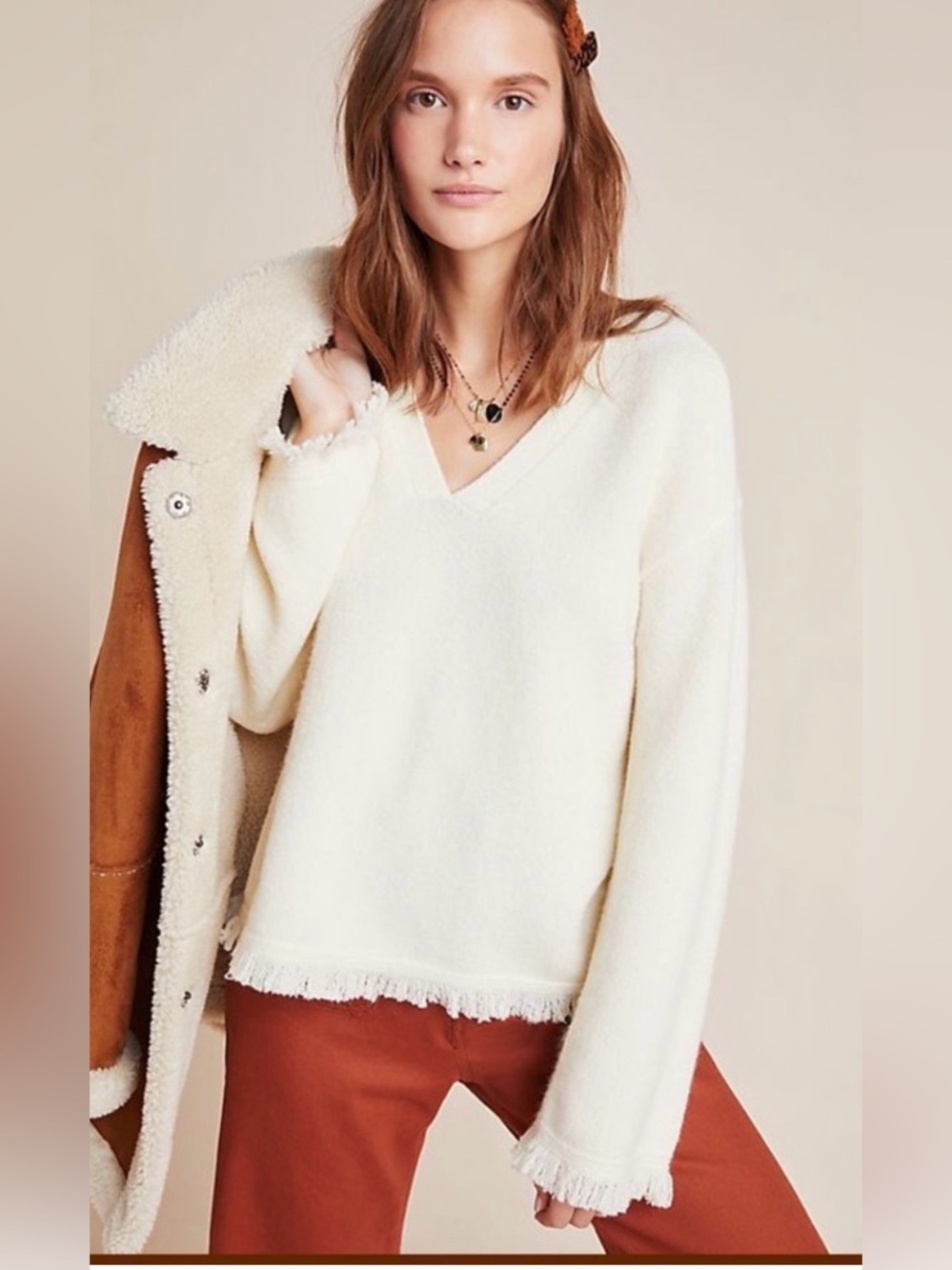 Anthropologie Women’s Cream V-Neck Fringe Hem Sweater Size XS